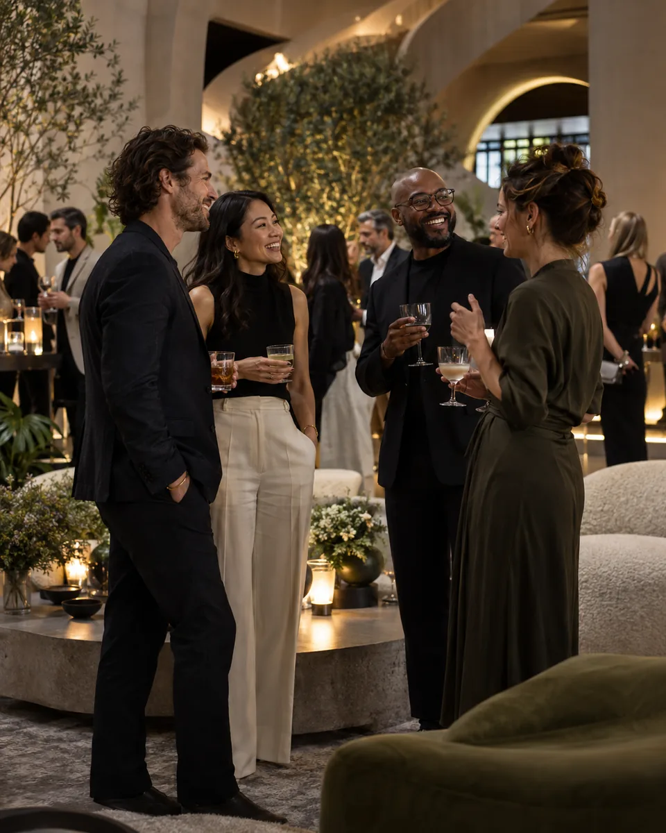 Creative professionals connecting at a contemporary corporate gathering