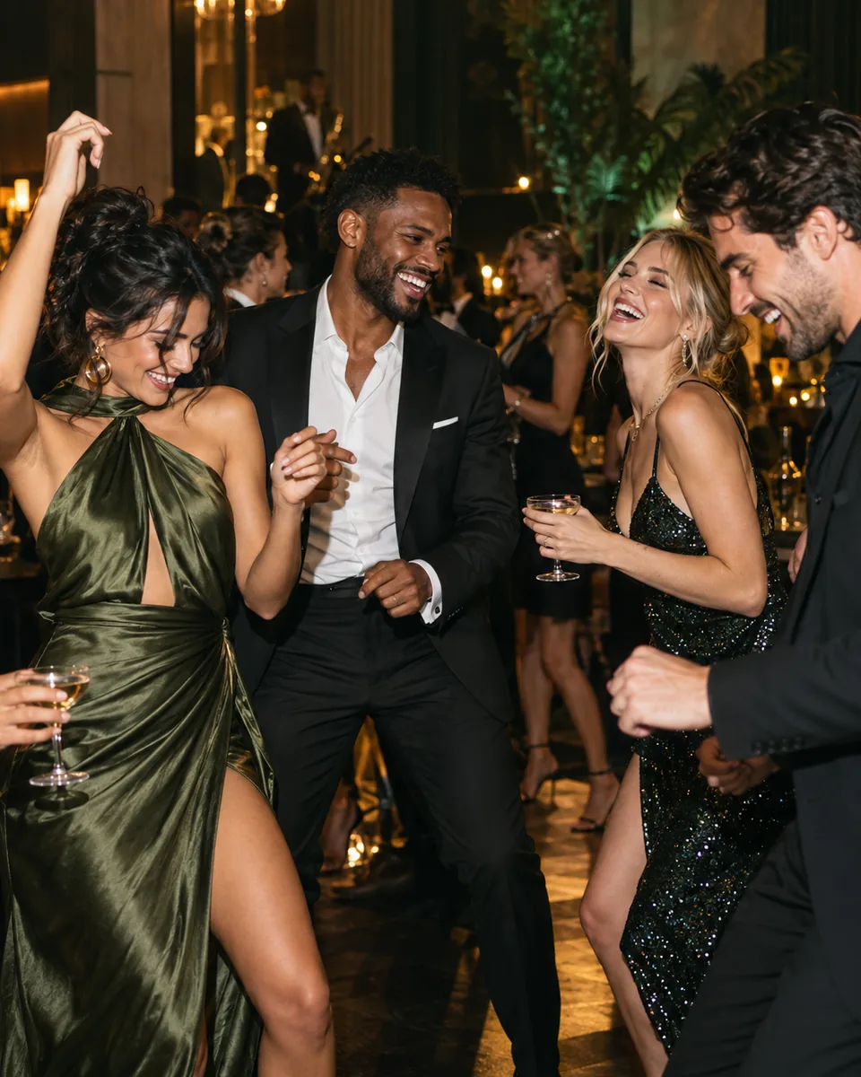 Fashionable friends dancing together at a warmly lit private party