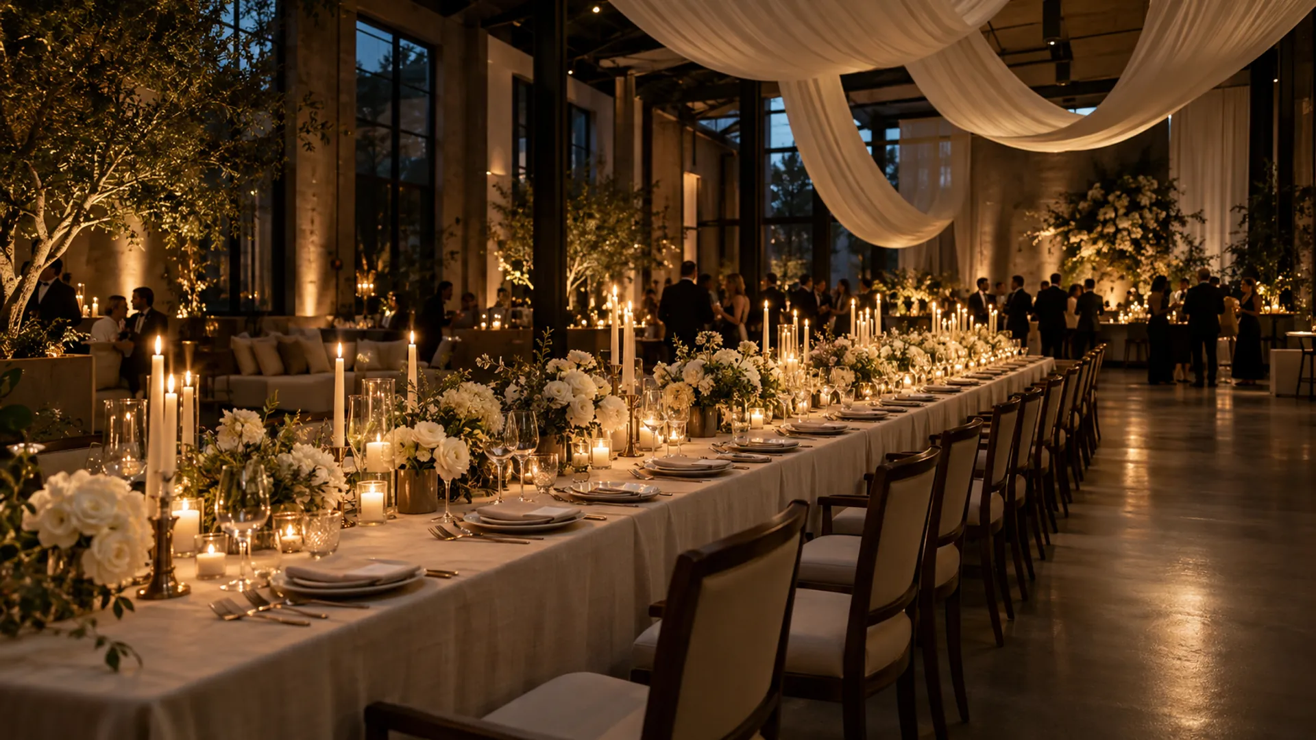 A candlelit celebration table with sculptural draping, white flowers, and warm ambient lighting