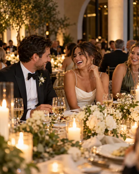 An intimate wedding reception styled with candlelight and white flowers